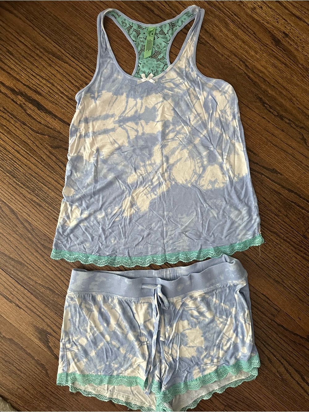 Honey Dew Light Blue Tie-Dye Lace-Trim Pajama Sleep Set Sz S Small